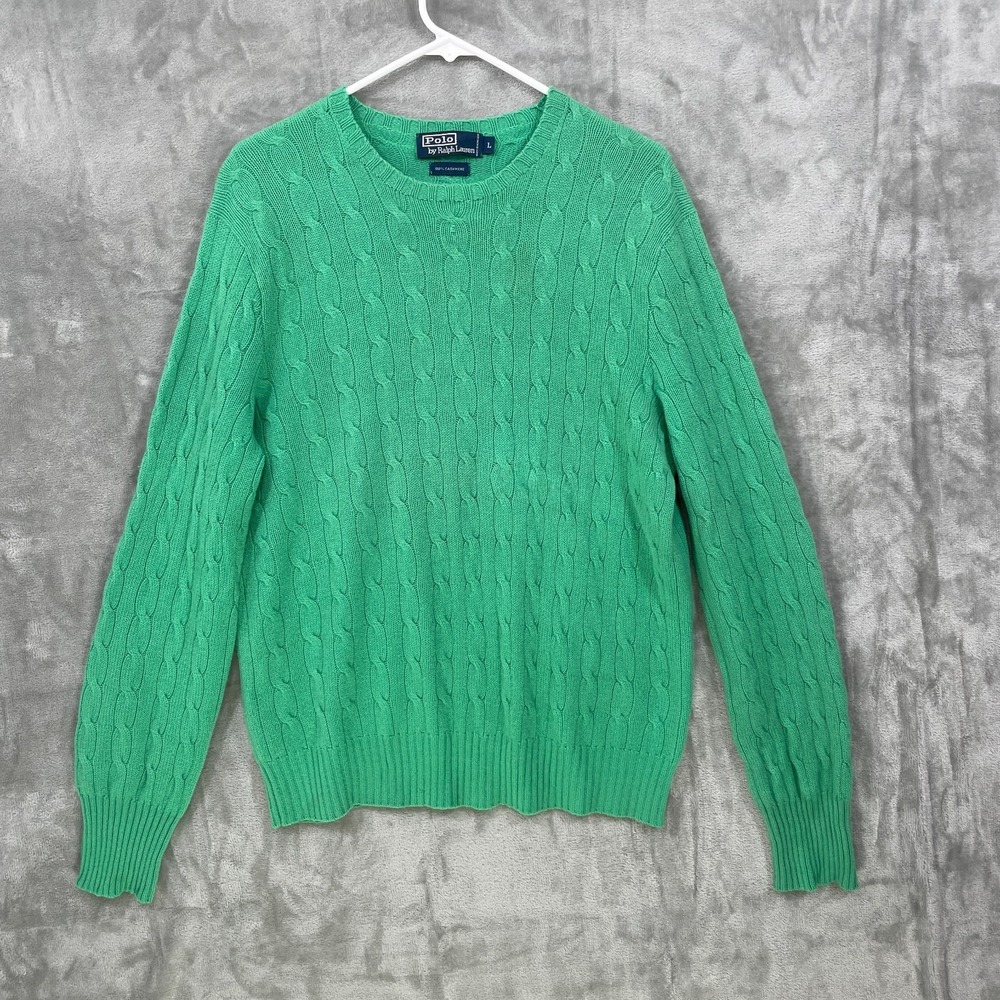 Polo Ralph Lauren Women's L 100% Cashmere Cable Knit Crewneck Sweater Green‎
